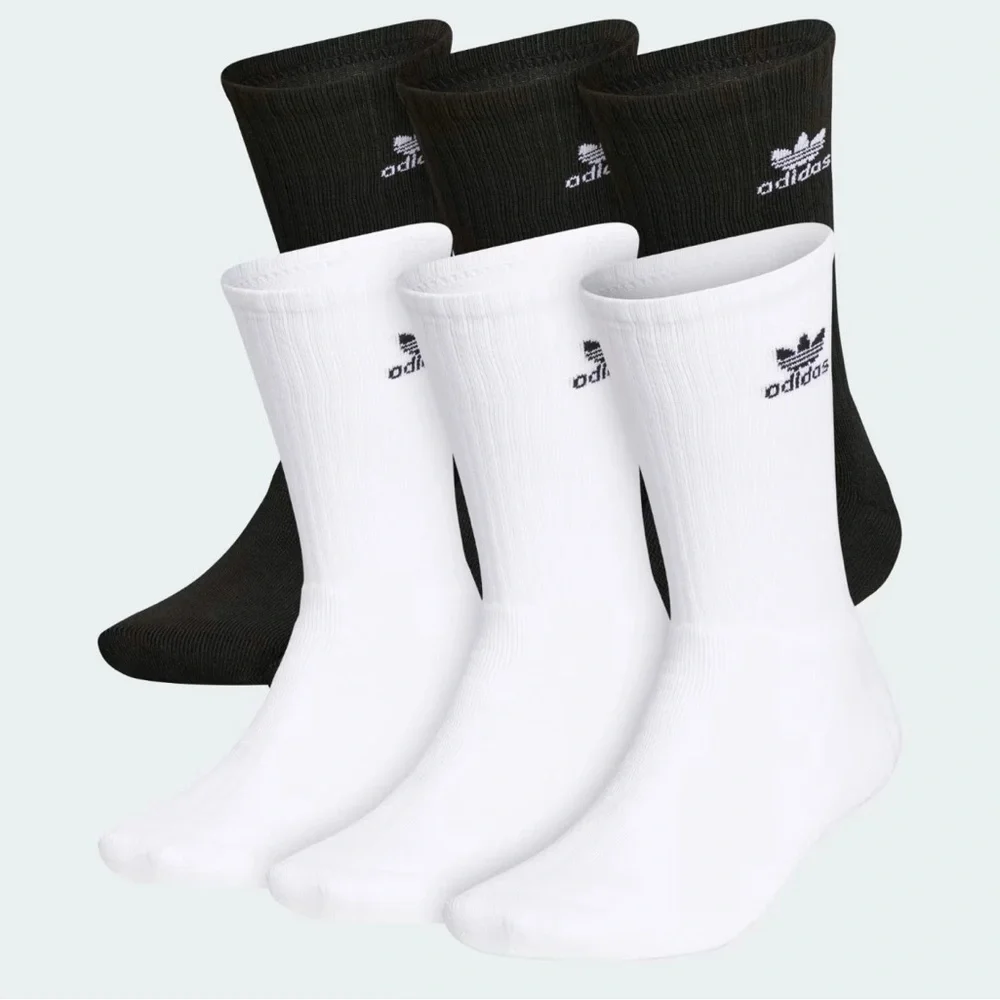 Size M Adidas Originals Trefoil Cushioned Crew Socks 6-Pack White/ Black